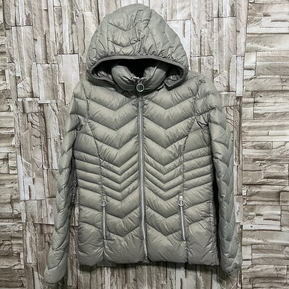 Michael Kors Womens Packable Down Jacket Size S Gray Full Zip Hood Insulated - Picture 1 of 10